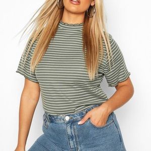 Boohoo Plus Lettuce Hem Stripe Rib T-Shirt